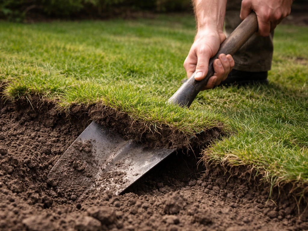 Twee handen met een spade die een graszode losmaakt; duidelijke snede en rand bij het omspitten.