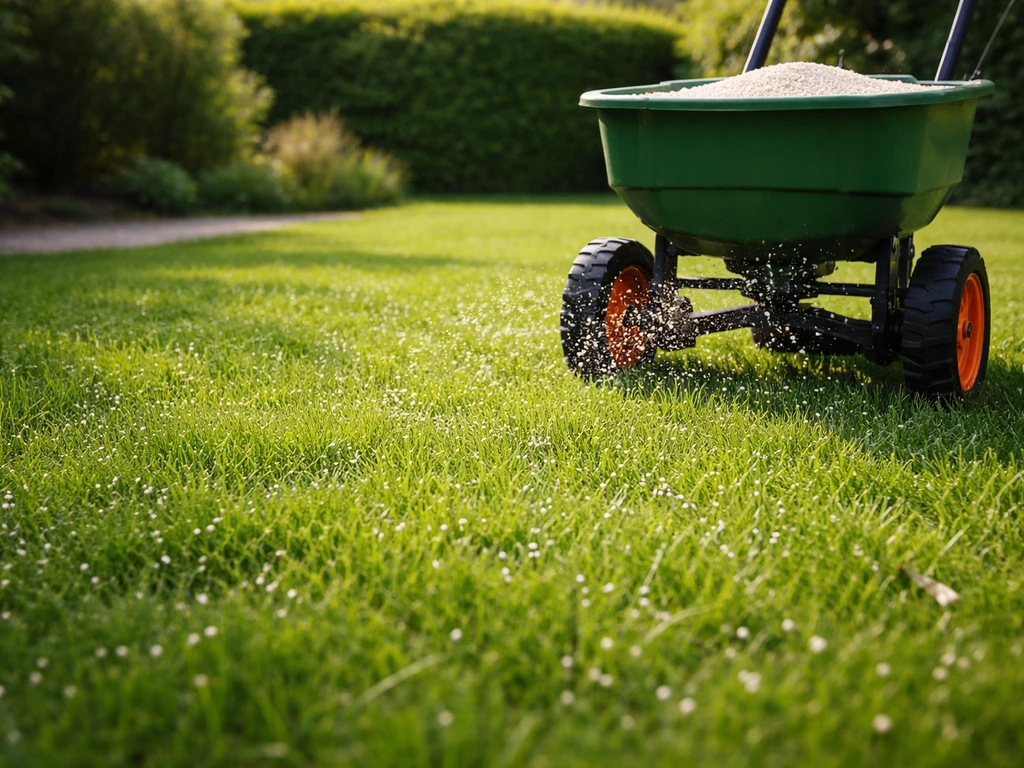 Nederlands gazon dat net bemest wordt met schijvenstrooier op frisgroene grasmat met mestkorrels.