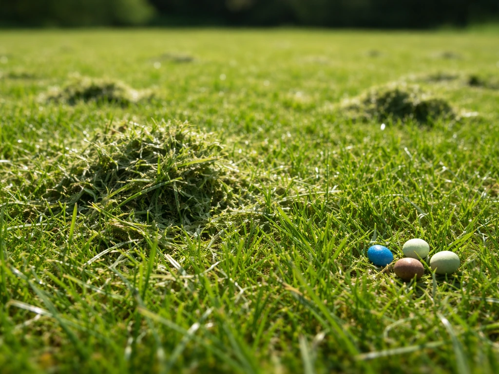 Close-up van gemaaid gazon met maaisel tussen het gras en drie gekleurde korrels als N-P-K hint.