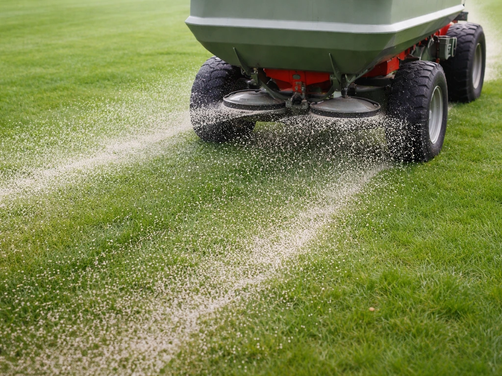 Een rijstrooier die gelijkmatig mestkorrels over het gazon strooit, met zichtbare strooibaan en deels bedekt gras.