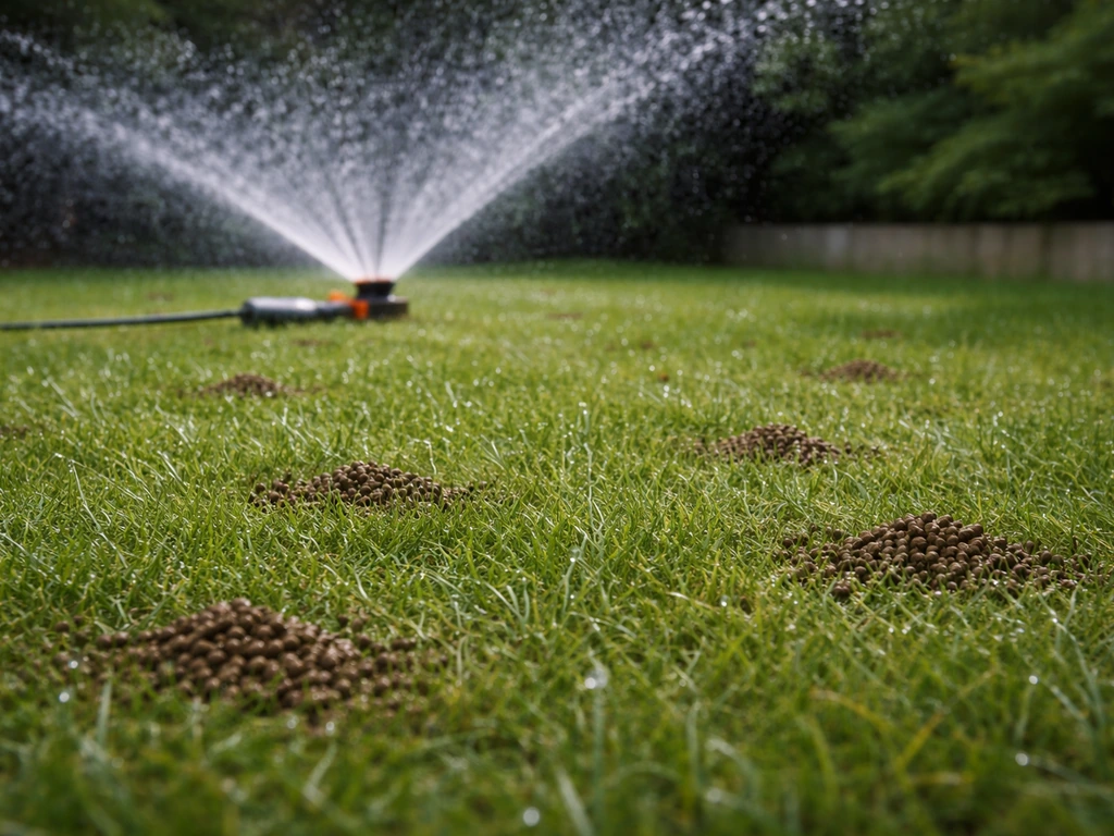 Tuin sproeier geeft direct na het bemesten water op een gazon, mestkorrels blijven niet droog liggen