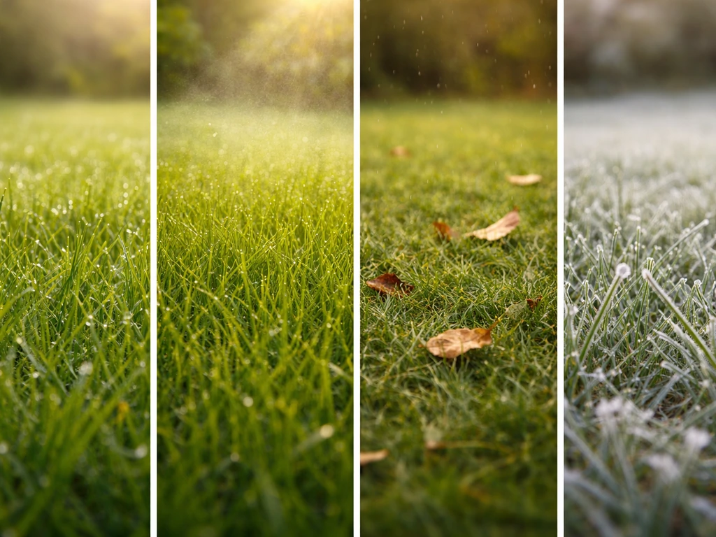 Minimalistische collagefoto’s van grasgazon per seizoen met waterdruppel en sproei-gevoel, zonder tekst.