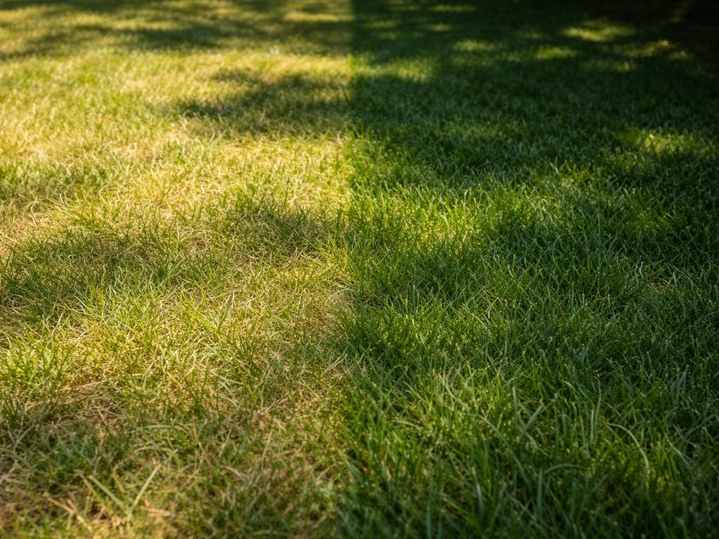 Links zonnig, licht verdroogd gras; rechts schaduwrijk en natter gras onder bomen, in één beeld.