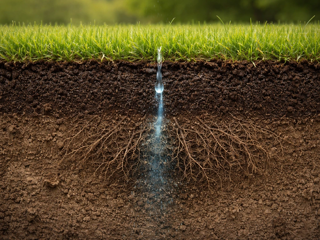 Gronddoorsnede met graswortels op 10–15 cm diepte en een druppel water die tot die zone doordringt