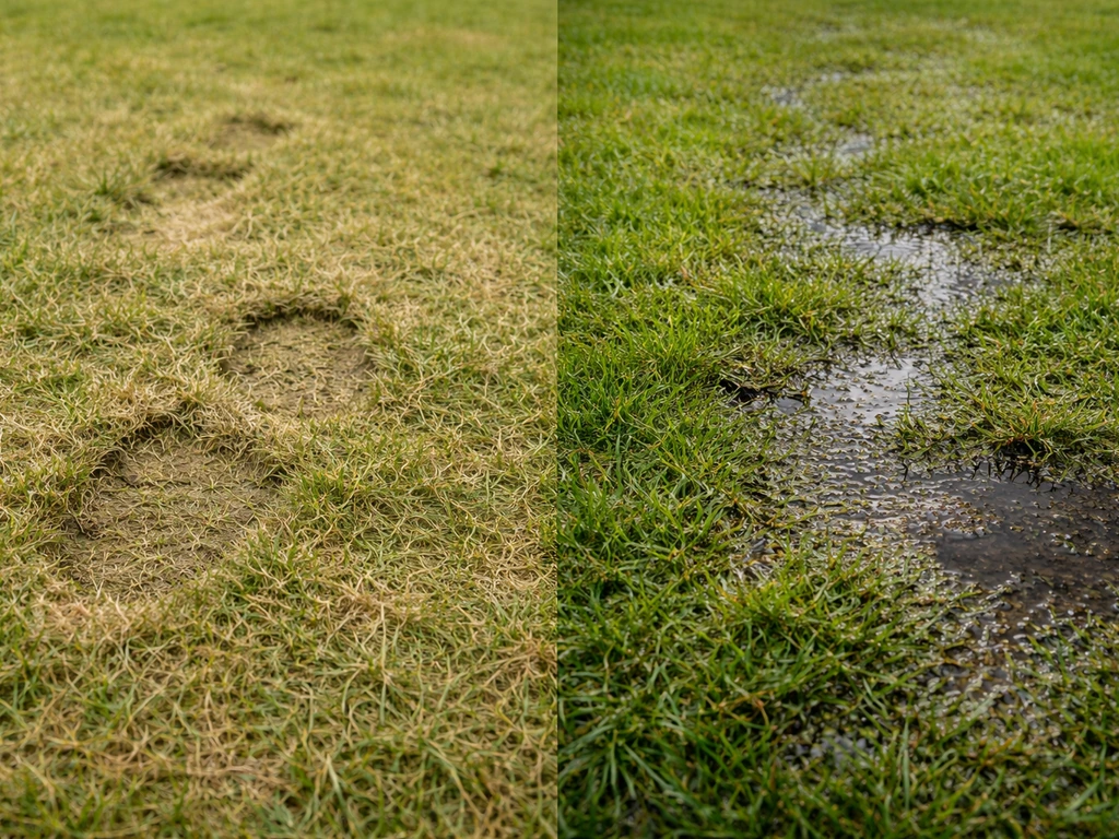 Links slap gras met zichtbare voetafdrukken; rechts natte plekken met mos en schimmel op de bodem.