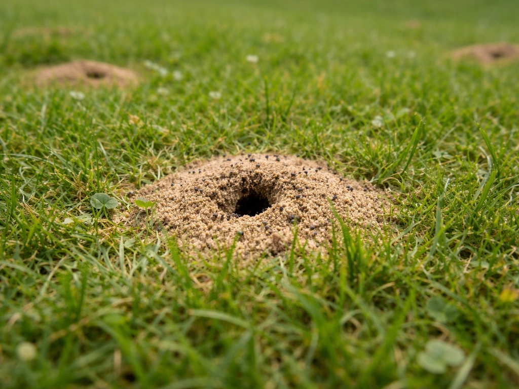 Close-up van gazon met zandhoopjes en kleine gangopeningen waar mieren actief zijn.