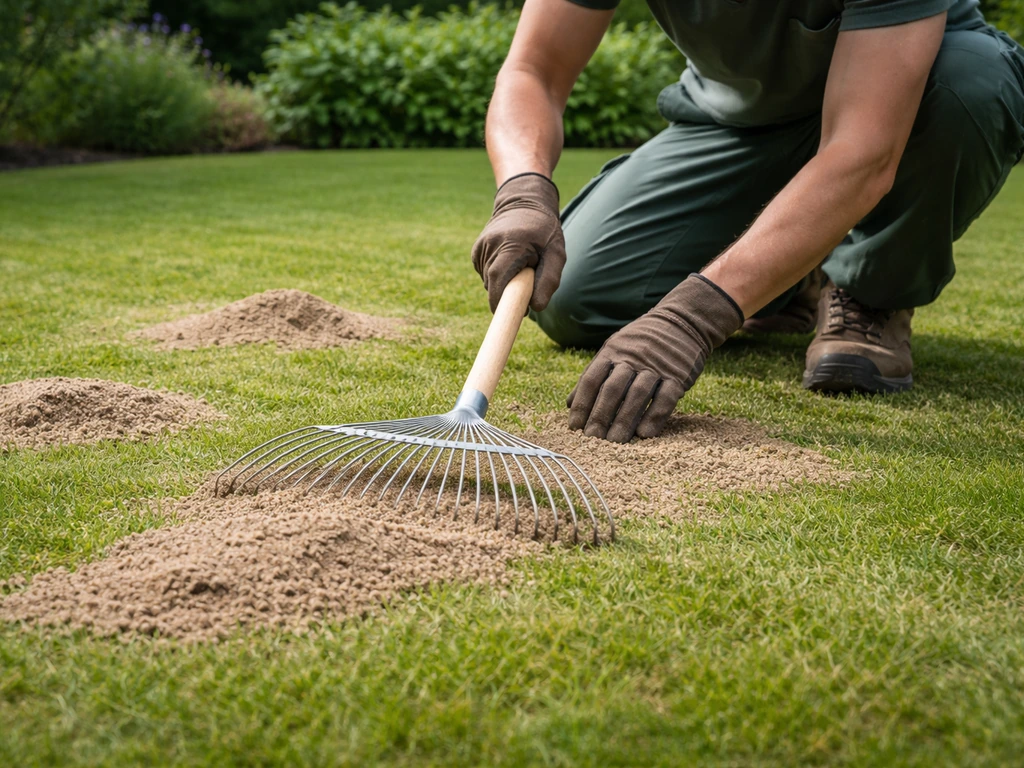 Tuinier knielt op het gazon en wegharkt zandhoopjes met een fijne gazonhark, zand wordt uitgespreid.