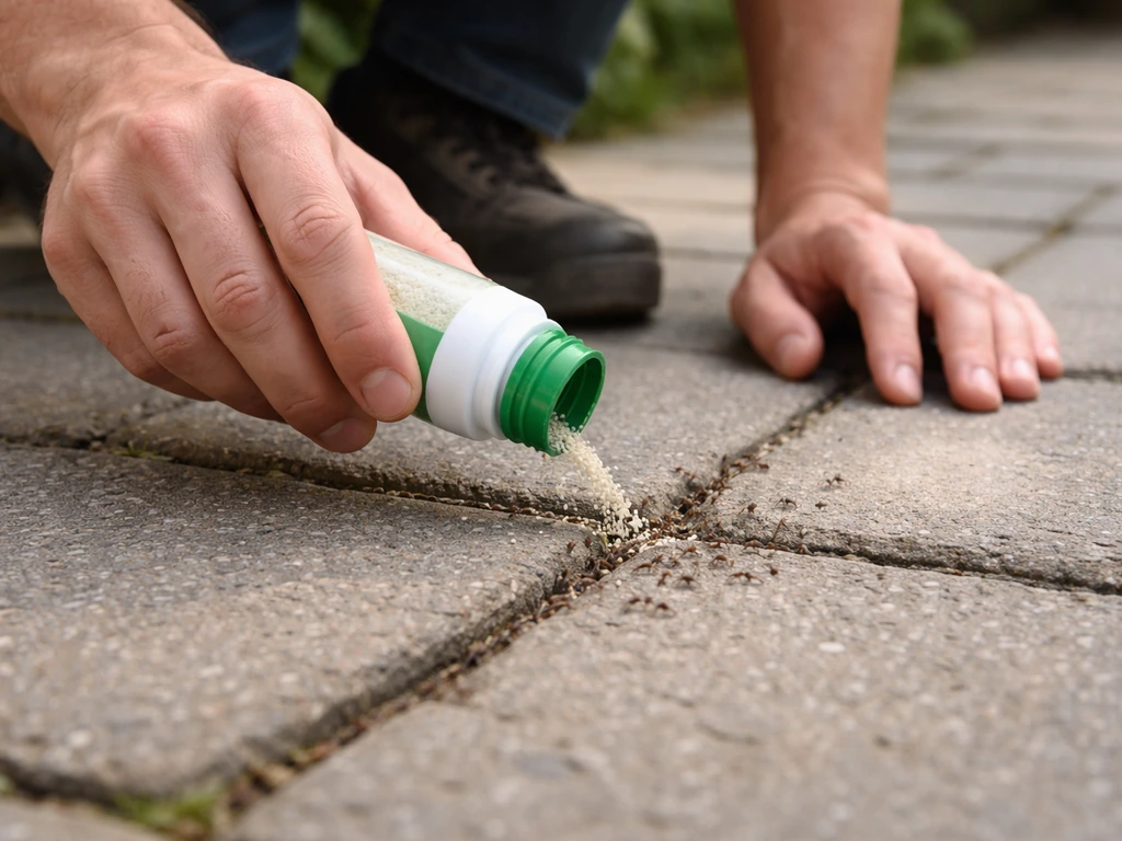 Hand legt mierenlokdoos met korrels in de buurt van een mierenroute op bestrating, natuurgetrouw en minimalistisch.