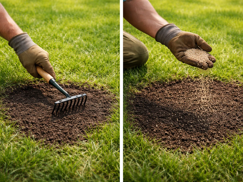 Tuinman maakt een kale plek in het gazon vlak met tuinaarde en strooit graszaad, begin van herstel