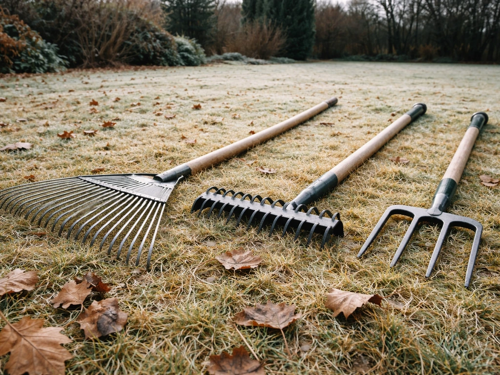 Herfst/winter gazon met hark, verticuteermes en beluchtingsvork op het gras, koude frisse tuin-sfeer.