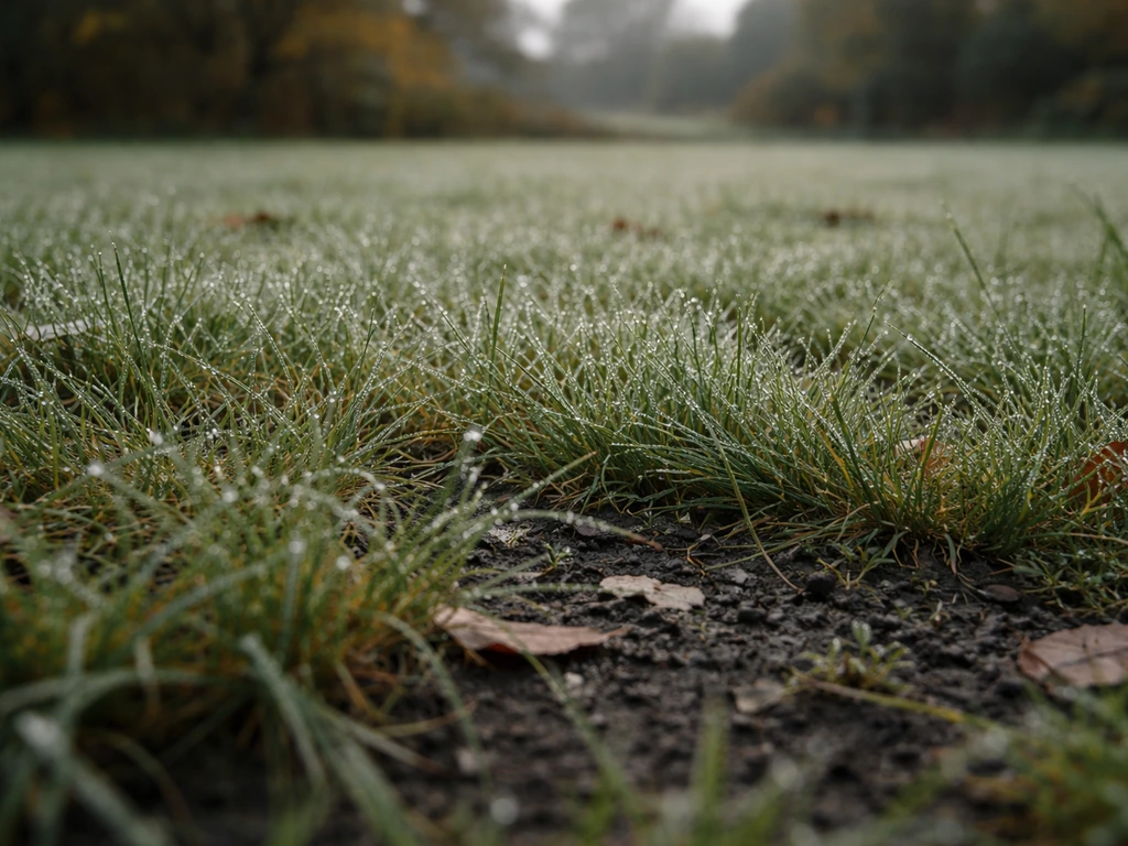 Herfstgazon in oktober/november met natte grond en licht rijp; bodem lijkt koud, richting winter.