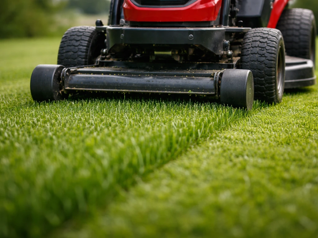Close-up van een gazonmaaier op gras met 4–5 cm maaihoogte, fris en lichtgroen.