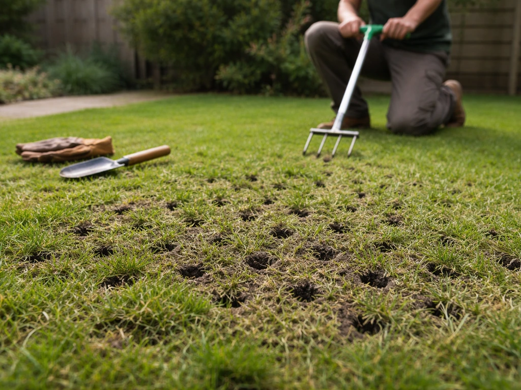 Tuinier belucht het gazon met een beluchtingsvork; opengewerkte gaten laten lucht en water beter door.