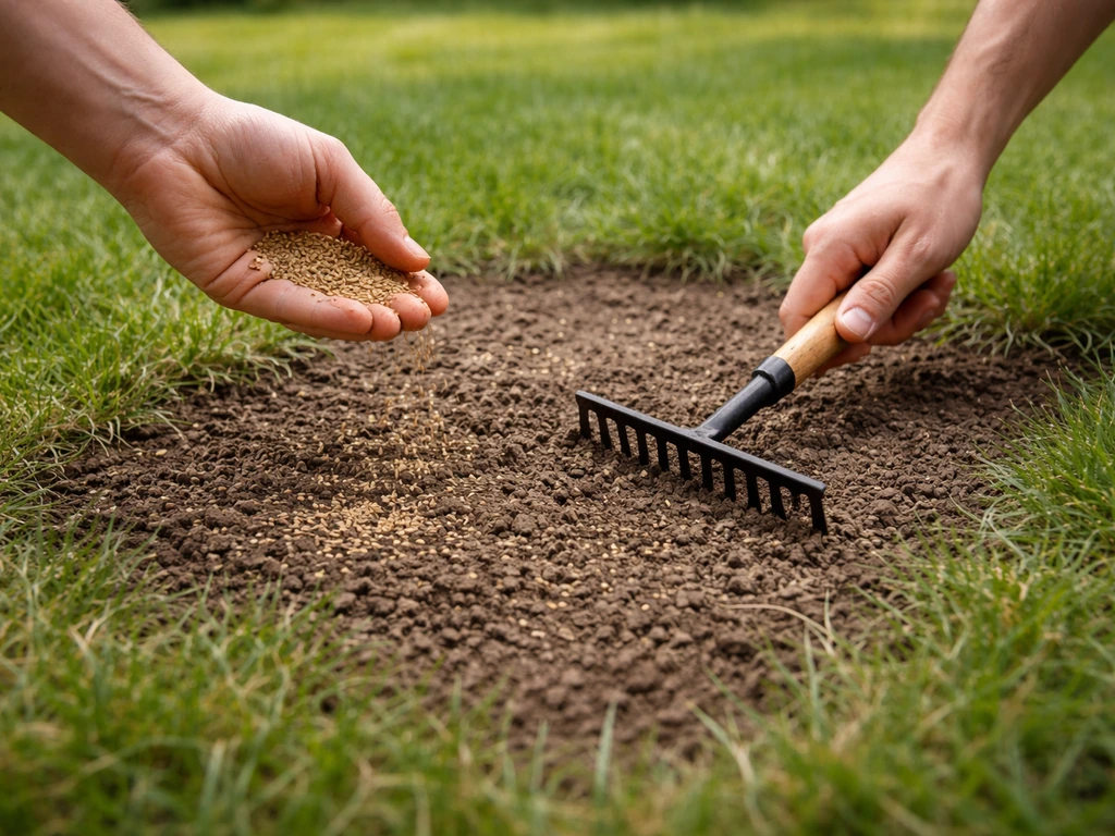 Hand strooit graszaad op kale plekken, waarna je de grond egaal harkt voor een dicht gazon.