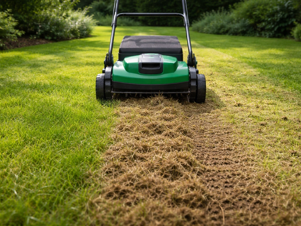 Verticuteermachine die net over een zomer-gazon rijdt, met zichtbare viltstroken achter de machine.