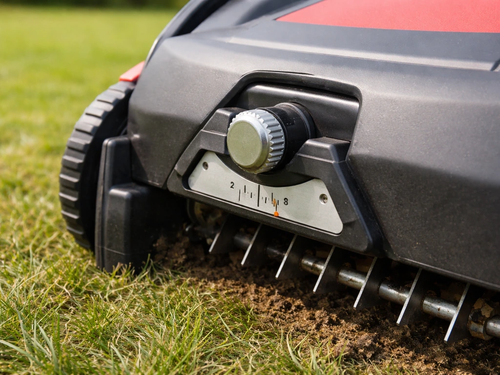 Close-up van een verticuteermachine met zichtbare instelknop voor de mesdiepte (2–3 mm) op gazon