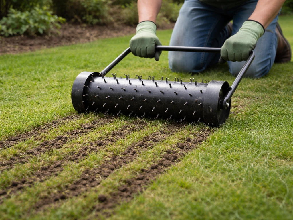Tuinman belucht een gazon met een prikrol die gaatjes in de grond maakt voor doorzaaien
