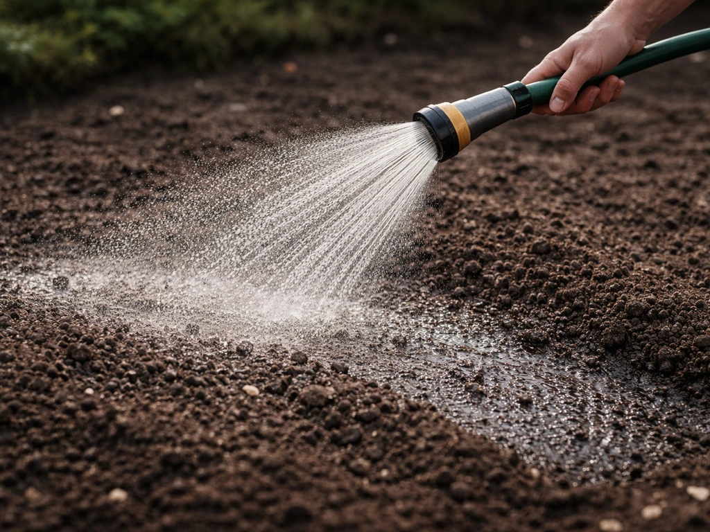 Tuinder die met een gieter/tuinslang een fijn waternevel over pas gezaaid zaadbed geeft