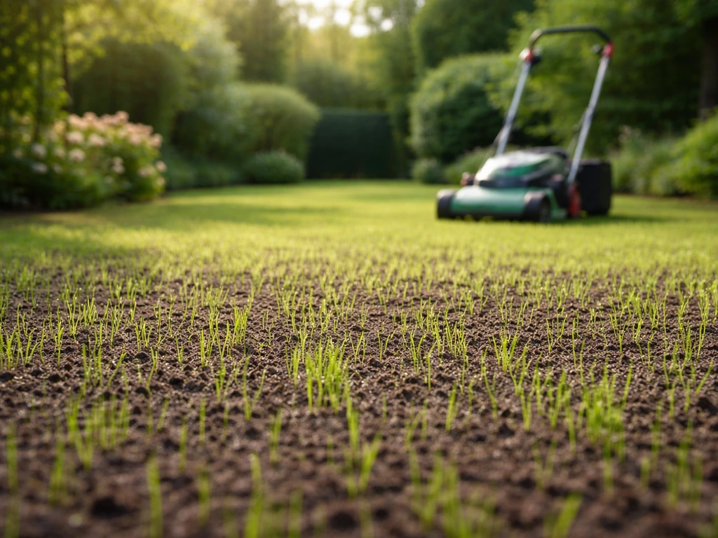 Nieuw ingezaaid gazon met jonge grasgroei, klaar voor de eerste maaironde met een stille grasmaaimachine op achtergrond