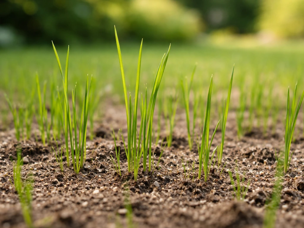 Jonge grassprieten van 8–10 cm in een nette, pas ingezaaide grasmat, klaar voor de eerste maaironde.