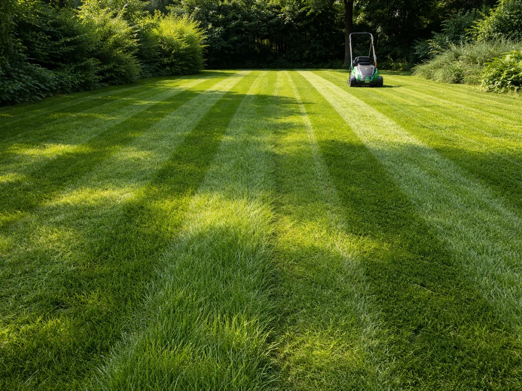 Gazon met duidelijke maaibanen en nog hoger gras ernaast, met een grasmaaier in de achtergrond