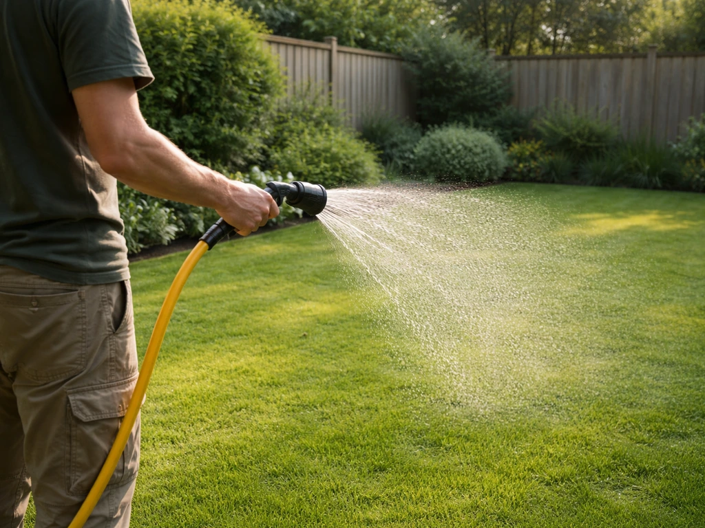 Tuinier besproeit vers gemaaid gazon in de vroege ochtend met een simpele tuinslang-douche.