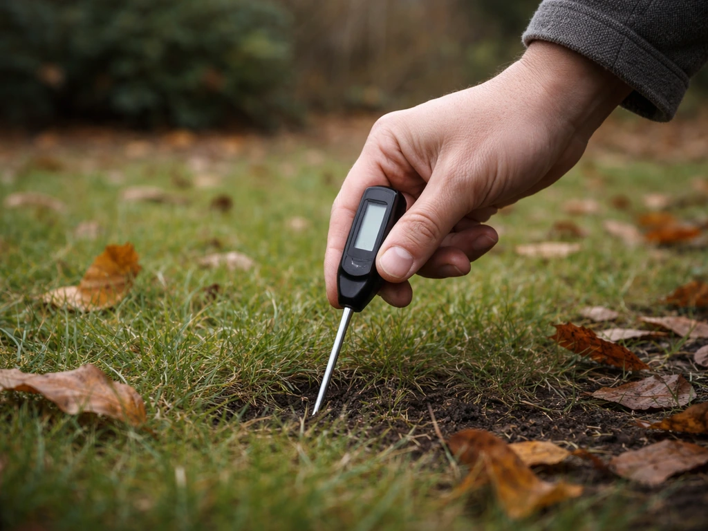 Anonieme tuinierhand met een kleine grondthermometer in een gazon, herfstbodemtemperatuur rond 10°C.