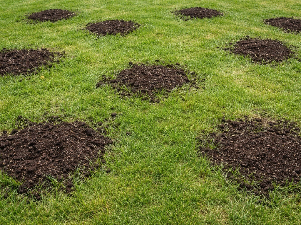 Bovenaanzicht van een gazon met gezeefde compost op net doorzaaide plekken, contact met bestaand gras zichtbaar.
