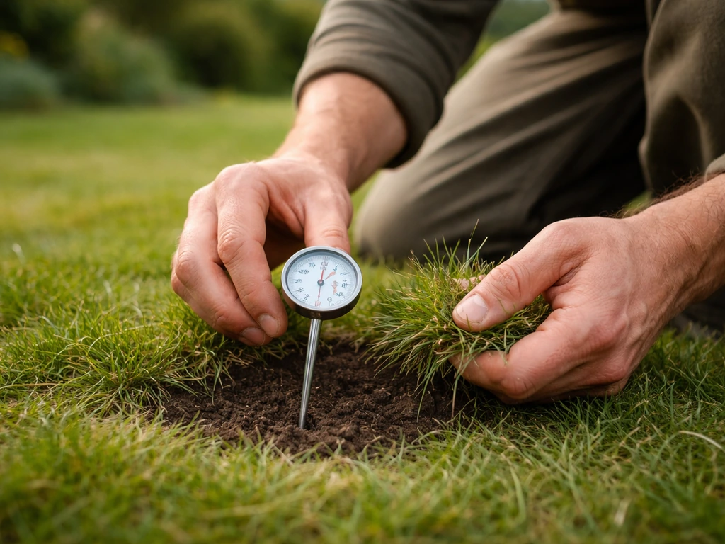 Anonieme handen meten de bodemtemperatuur in een gazon met een bodemthermometer/sonde.