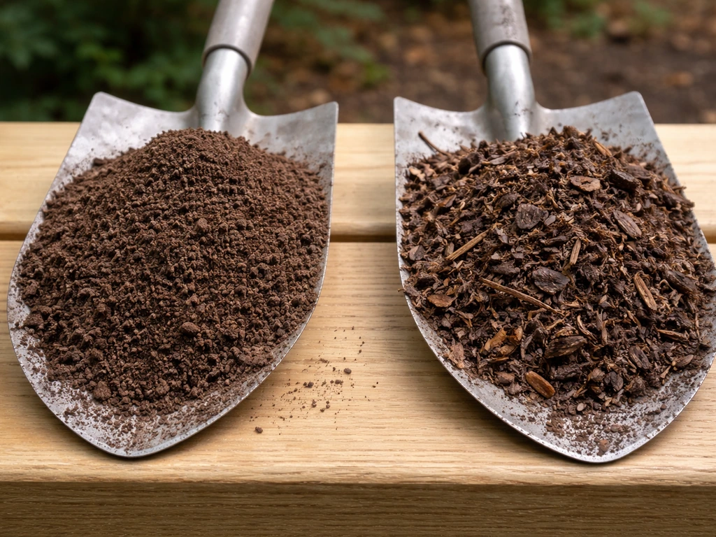 Links fijn gezeefde rijpe compost, rechts grovere compost met takjes en half verteerde resten.