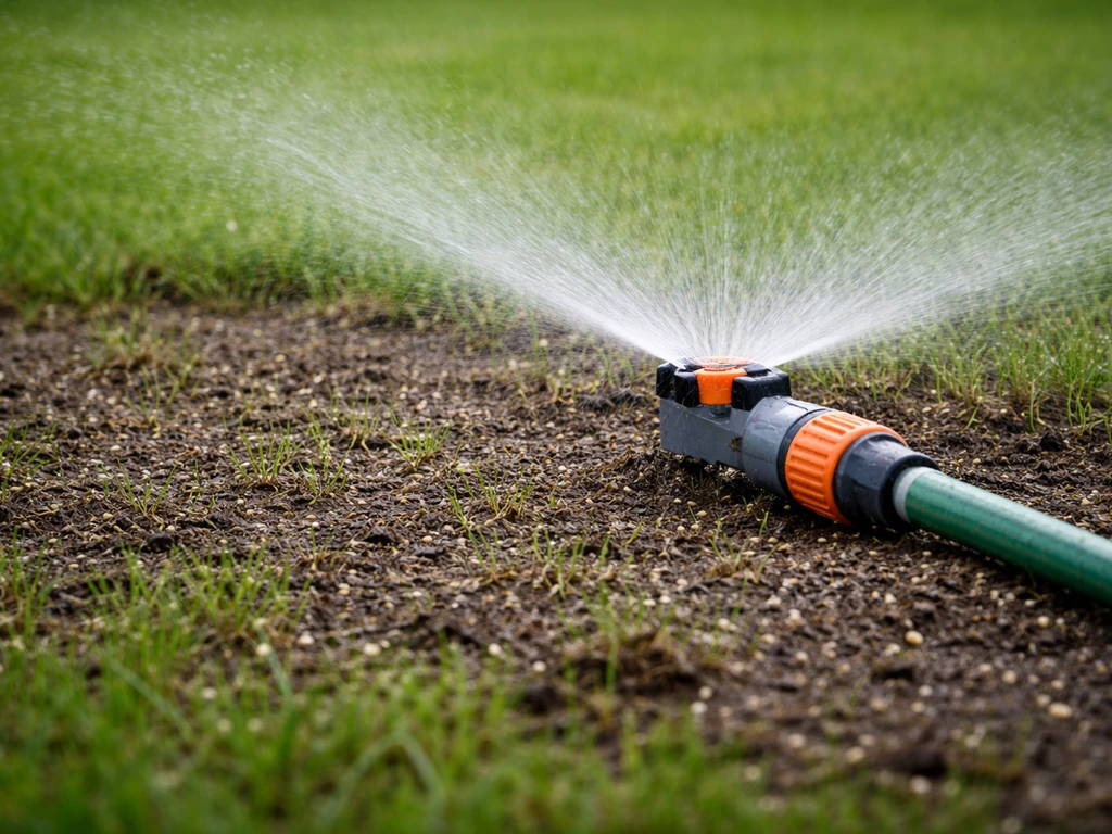 Sproeier die water gelijkmatig verstuift op net doorgezaaid gazon met vochtig, net ontkiemd gras.