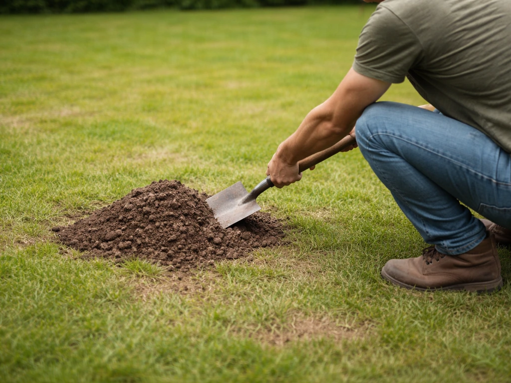 Groen gazon met zichtbare molshoop en een schep naast een doe-het-zelver die begint met verwijderen.