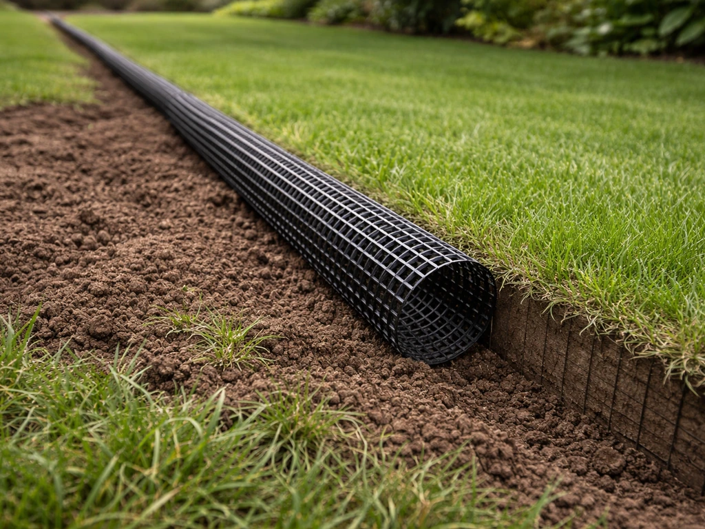 Preventief mollenwerend gaasnet langs de rand van een gazon, deels ingegraven in de grond