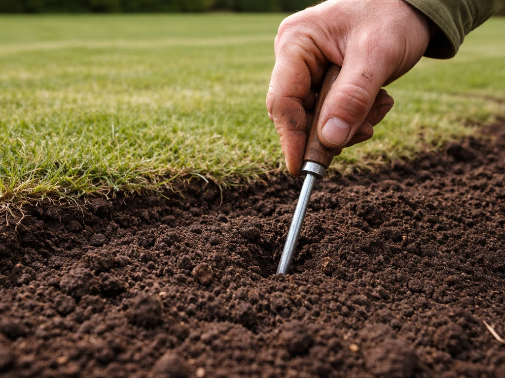 Tuingrond met een schroevendraaier vijf centimeter ingestoken en een net kortgemaaid gazon op de achtergrond.