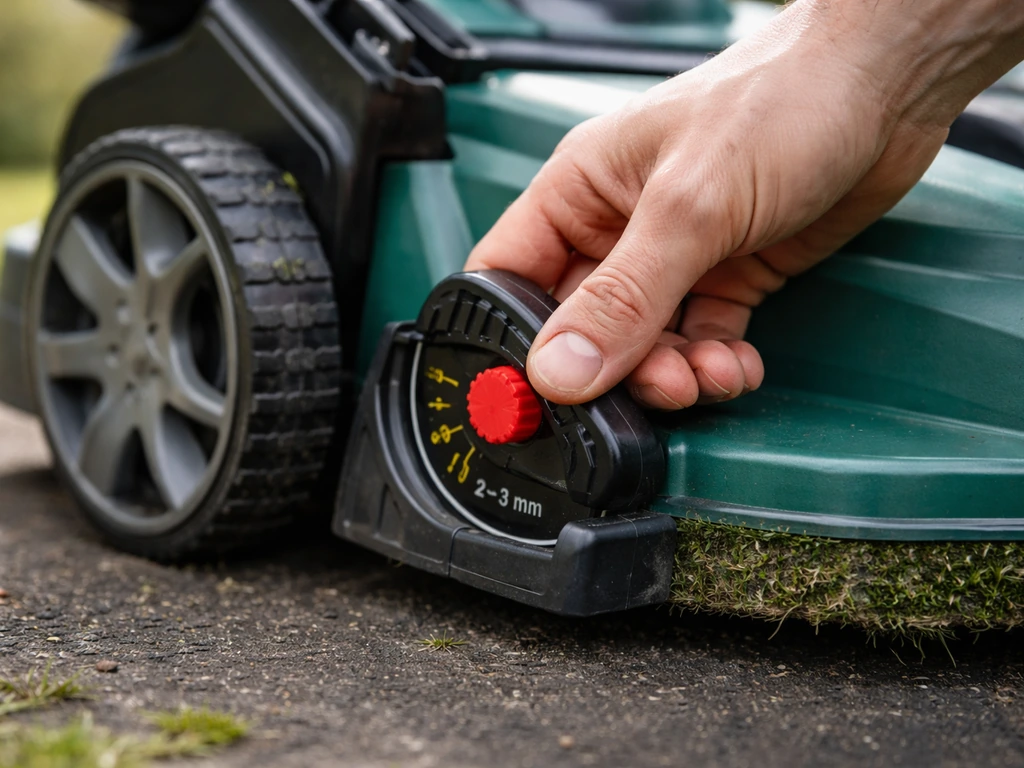 Detail van een grasmaaier waarbij de messen op 2–3 mm worden afgesteld, met vochtige aarde en grasvilt