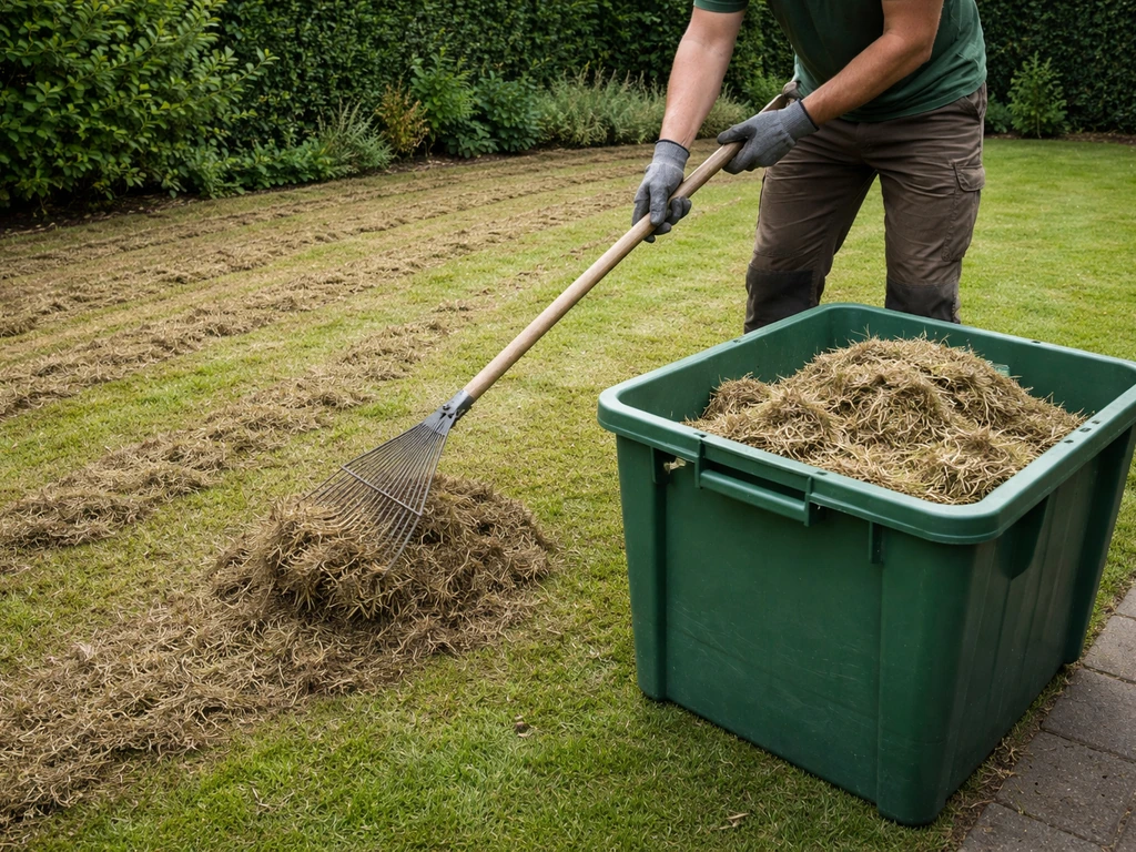 Anonieme tuinman harkt losgetrokken mos en vilt in een open groenbak/compostbak na het verticuteren.