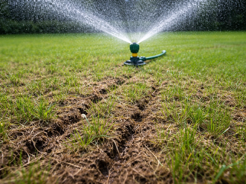 Sproeier geeft gelijkmatig water over een vers verticuteerd gazon met opengevouwen grond en grassprieten.