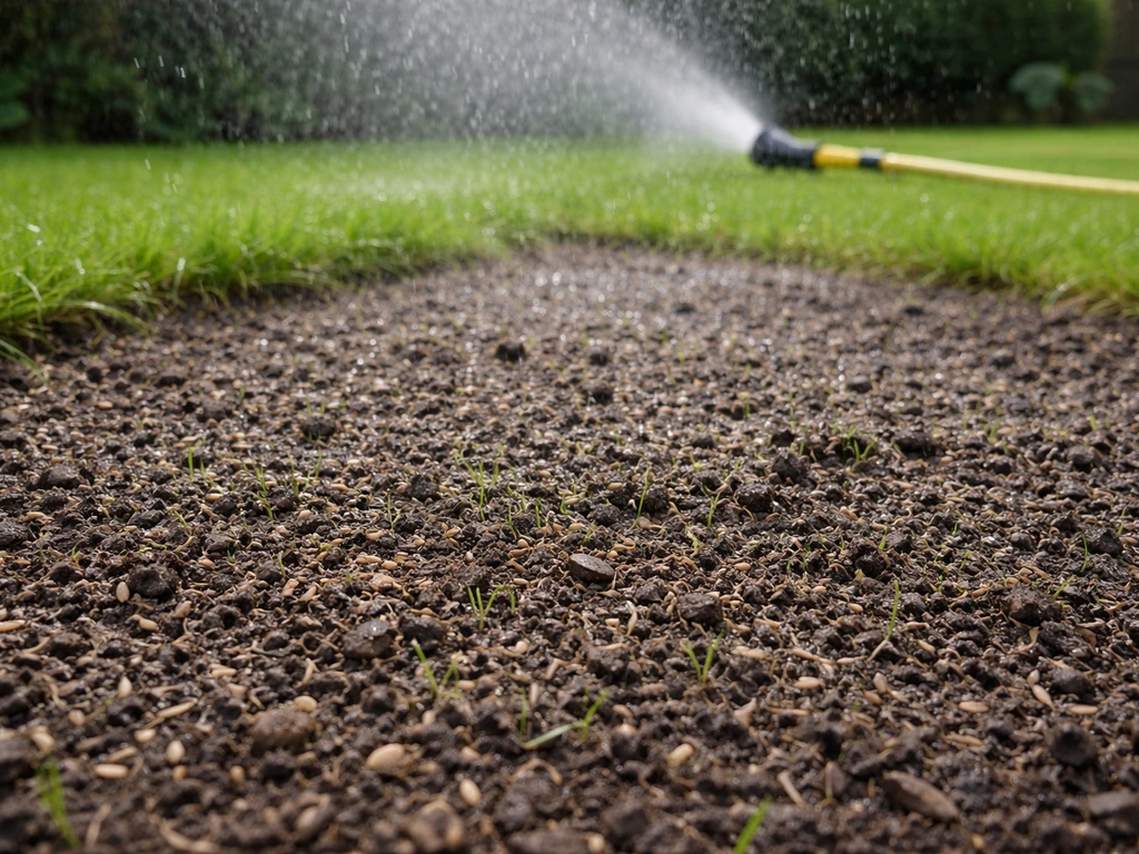 Close-up van ingezaaid gazon met graszaadbed en startende beregeningsnevel met druppels op de toplaag.