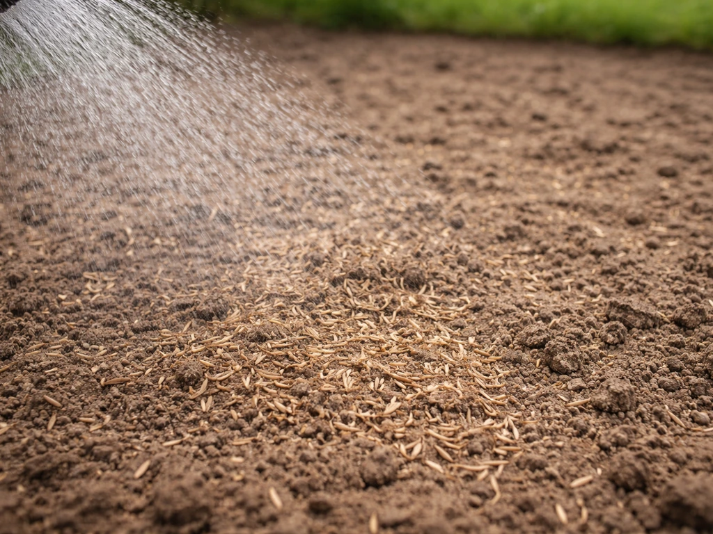 Close-up van ingezaaid graszaad in aarde, net aangedrukt en voorzichtig beregend met waternevel.