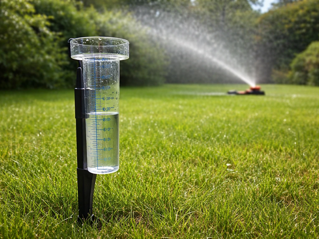 Regenmeter en opvangbakje op het gazon tijdens het sproeien, schaalverdeling zichtbaar.