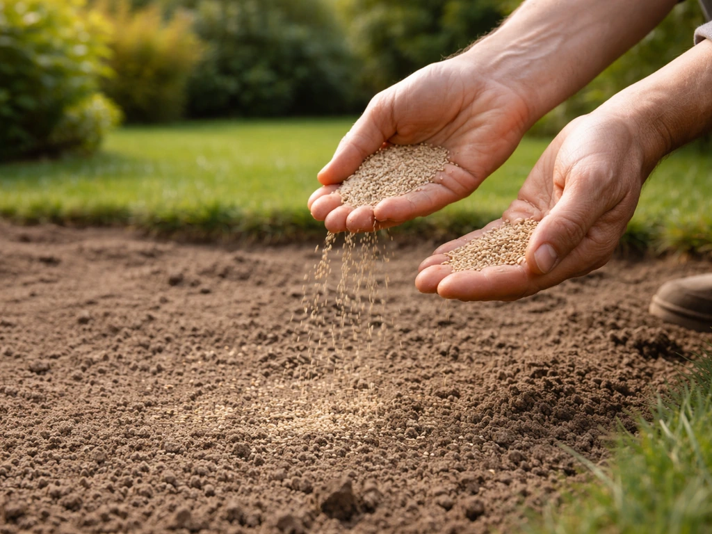 Graszaad wordt op een gereedgemaakt zaaibed gestrooid op een Nederlands gazon in lentekleur.