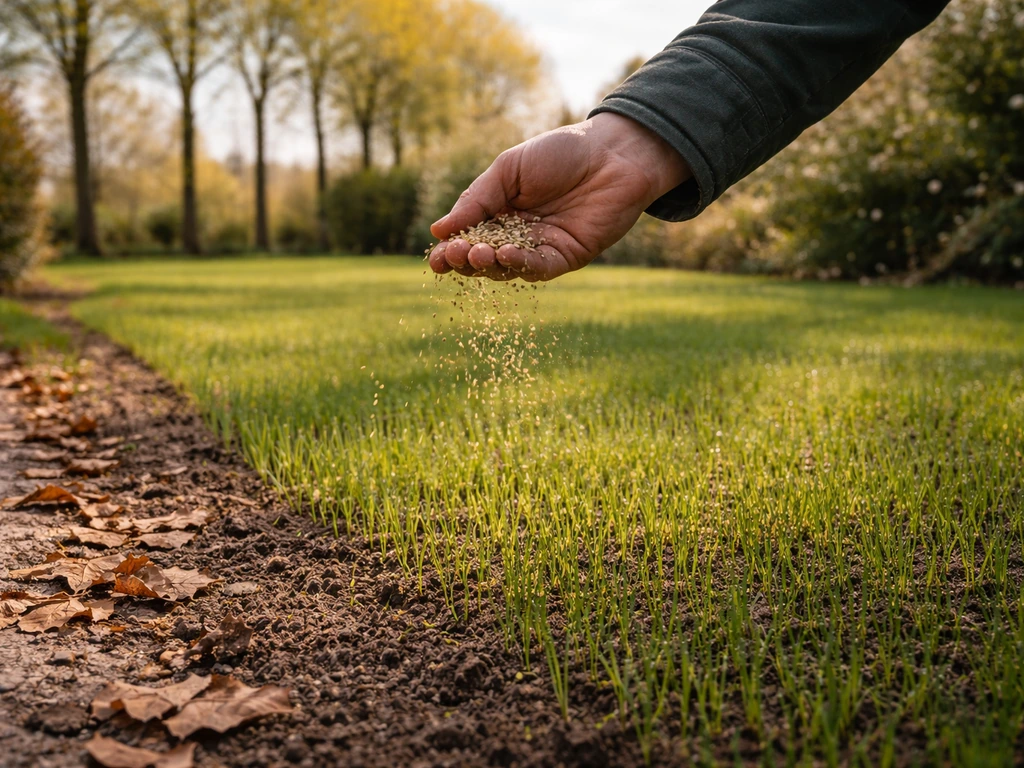 Anonieme handen strooien graszaad in een tuin, met jonge spruiten en een subtiele najaarsblad-detaillering.