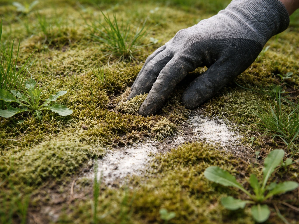 Close-up van mos in een gazon met omwoelende hand en gestrooide kalk op geselecteerde plek