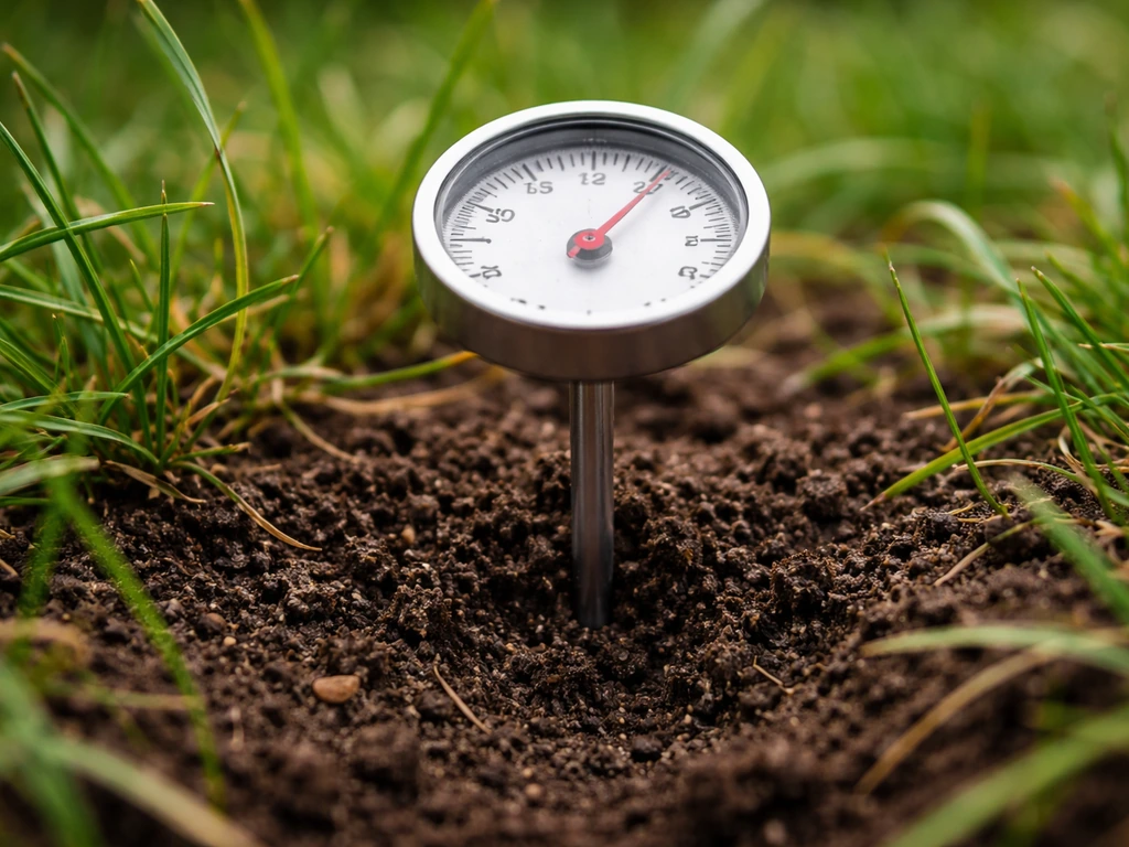Bodemthermometer die 5 cm diep in tuingrond/gras staat, bij helder daglicht.