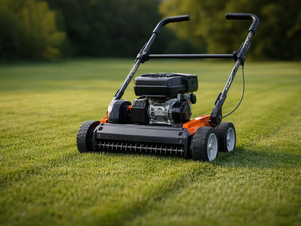 Een verticuteermachine die klaarstaat op een gazon met kort gemaaid gras, met aandacht voor instelling