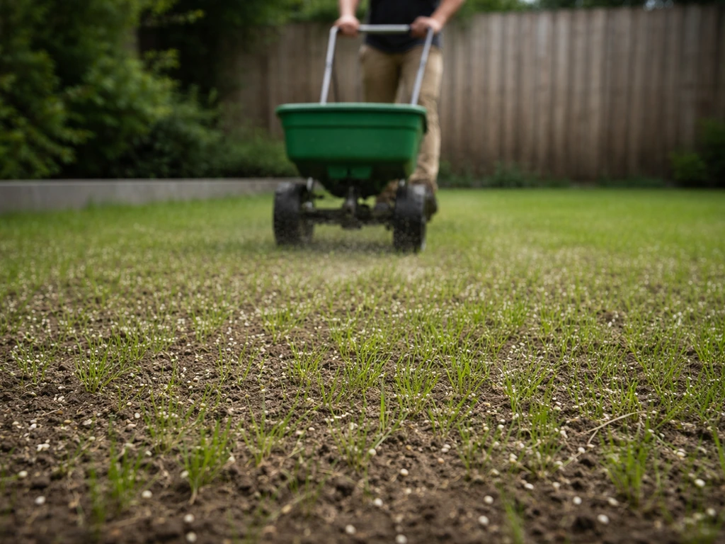 Jong ingezaaid gazon met mestkorrels terwijl een anonieme tuinier het gazon bemest met een strooier