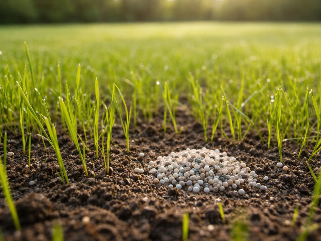 Jonge grassprieten in het gazon met korrelige mest op de grond, symbolisch voor timing rond kieming.
