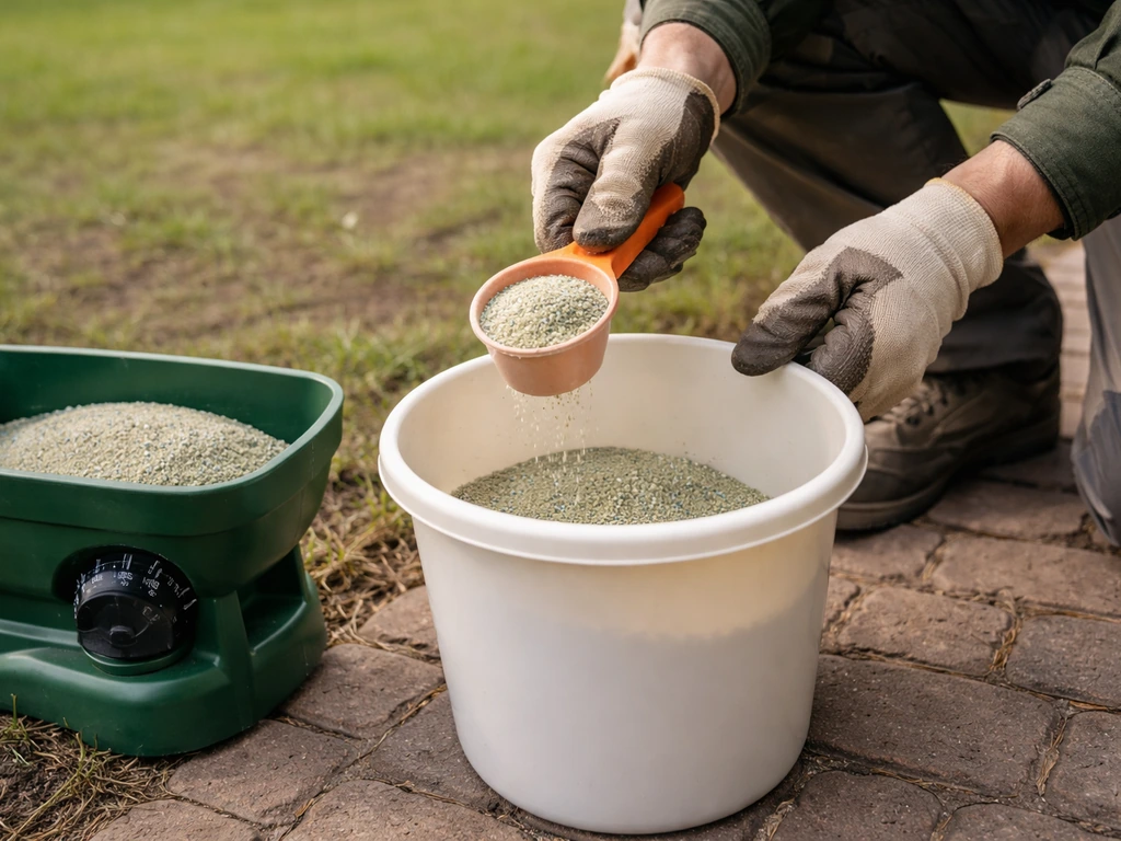 Handschoenen en maatlepel bij gazonbemesting, met handstrooier en weegschaal naast pas ingezaaid gras.