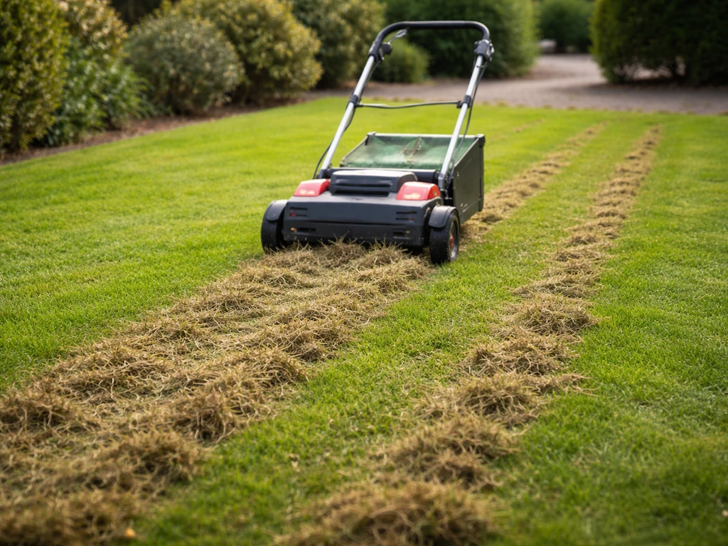 Verticuteermachine trekt banen door een Nederlands gazon met losgekomen vilt, klaar voor nazorg.