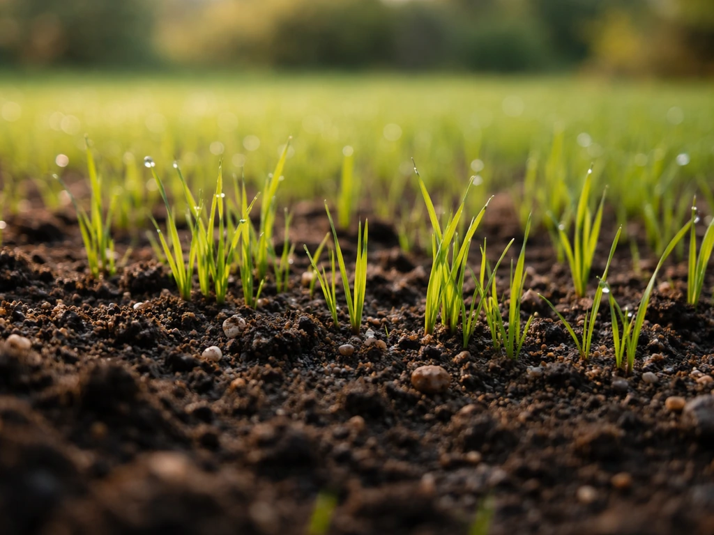 Opkomend lentegras met zichtbare aarde naast het gazon, dauwdruppels en zachte tuinachtergrond.